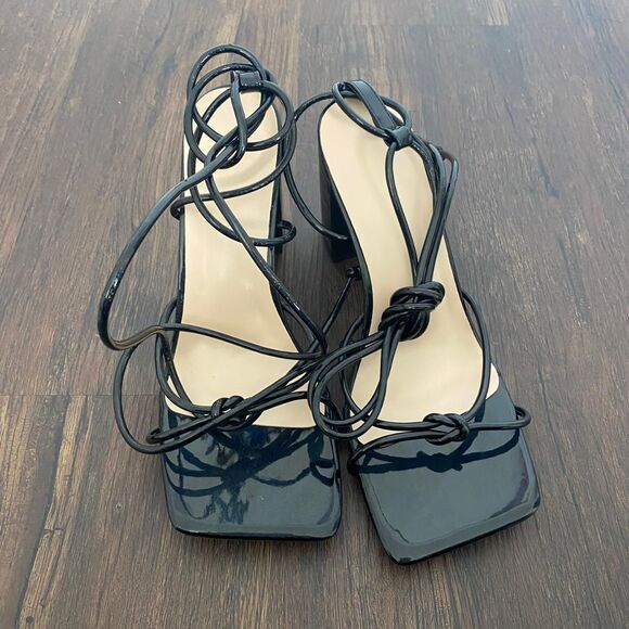 Black Glitter Iridescent Glam Square Open Toe Block Heel Lace Up Sandals US 9.5 - Picture 2 of 8